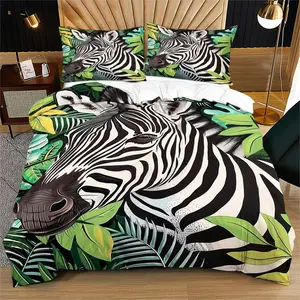 Premium zebra green plant print pattern soft and durable bedding duvet cover set, including 1 duvet cover and 1 or 2 pillowcases, without a core or pillow, suitable for children or adults as gifts, modern style fashionable bedroom bed decoration