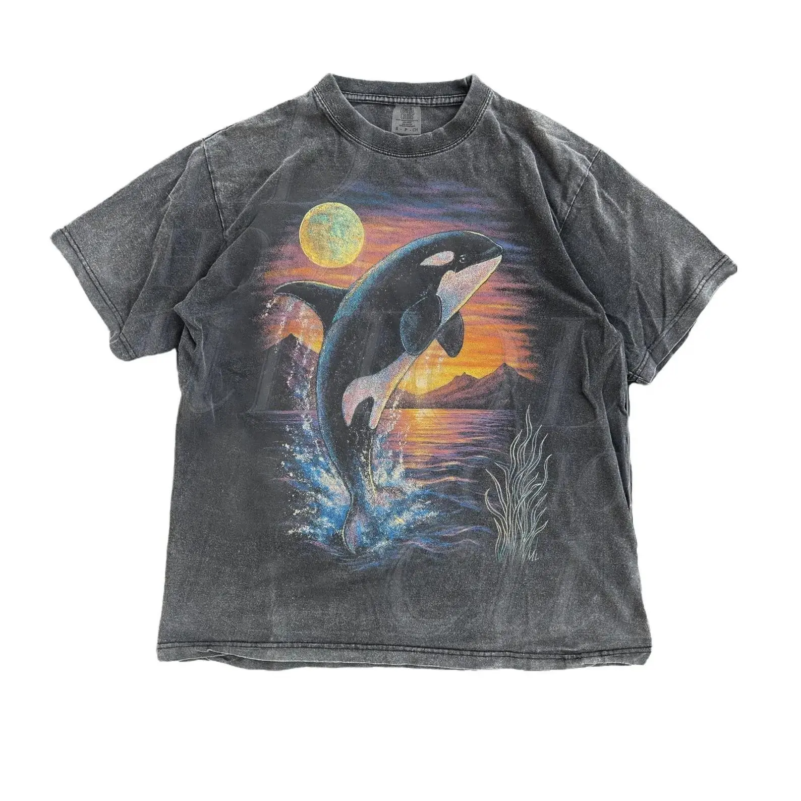 Vintage Orca Midnight Style Graphic Shirt, Retro Ocean Comfort Colors Orca Shirt, Moonlight Ocean Lightning Tee,90s Marine Life Graphic Top, Shortsleeve, Tshirt, Graphic Tees