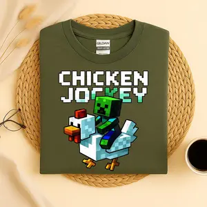 Adult Chicken Jockey Minecraft Shirt , Funny Gamer Tee, Gaming Shirt , Gift for Minecraft Fans, Cartoon Shirt, Quirky Tee for Chicken Lovers Shirt - Casual U Neck - Machine Washable Fabric - Available in Various Sizes
