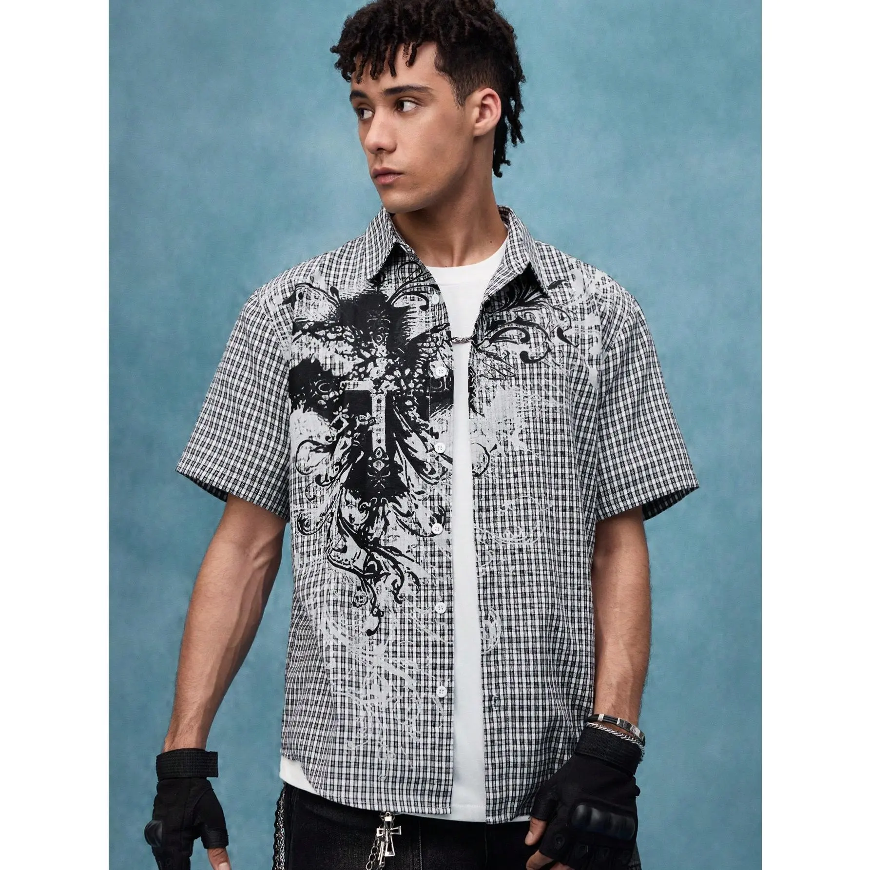 Men's Punk Plaid Button Down Shirt, Shortsleeve Poplin Top with a Casual Fit and Boxy Cut, Ideal Summer Concert Outfit, Breathable, Fabric