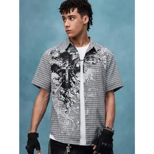 Men's KPOP Street Summer Plaid Cross Print Short Sleeve Single-Breasted Casual Shirt