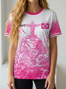 Women's Loose Fit Brazil Christ the Redeemer Soccer Jersey, Leopard Print World Cup Tee, Breathable Athletic Streetwear, Sportswear Top