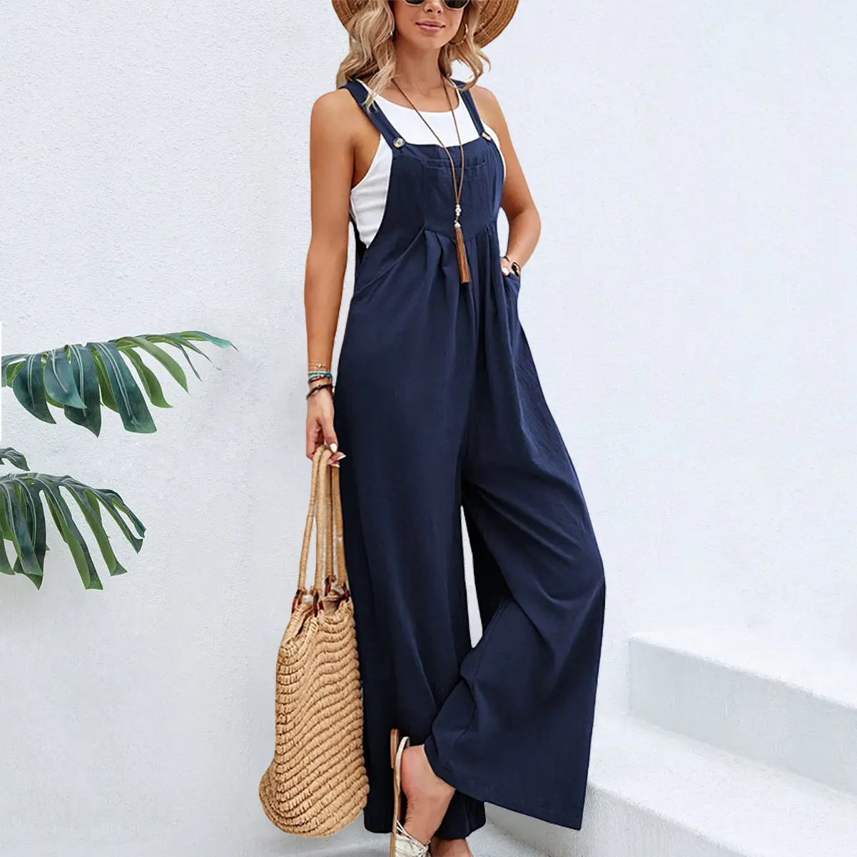 Casual fashion versatile trend comfortable workwear backpack trousers loose women's jumpsuit