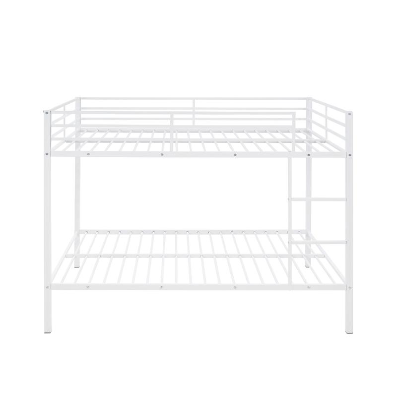 Full Over Full Bunk Bed, Heavy Duty Metal Bunk Bed Frame with Built-in Ladder and Safety Guard Rail, Low Metal Bunk Bed Frame for Kids, No Boxspring Required, For Small Spaces, White