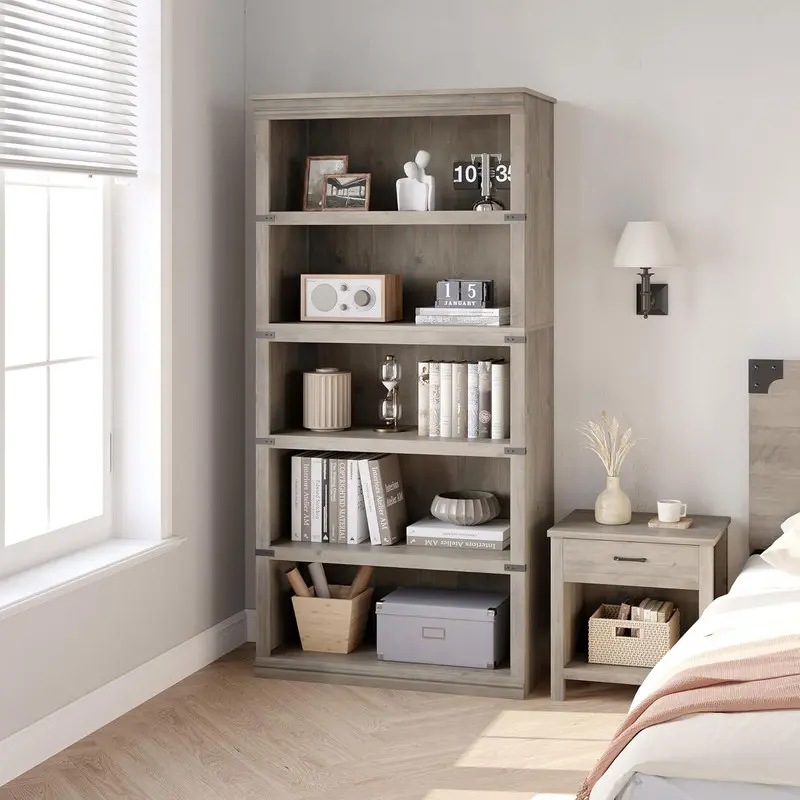 5-Tier Farmhouse MDF Wood Grain Bookcase, 71in Tall Open Storage Display Shelves, Wooden Construction, Wall Anchors Included Kit for Home Office, Living Room, Five Tiers