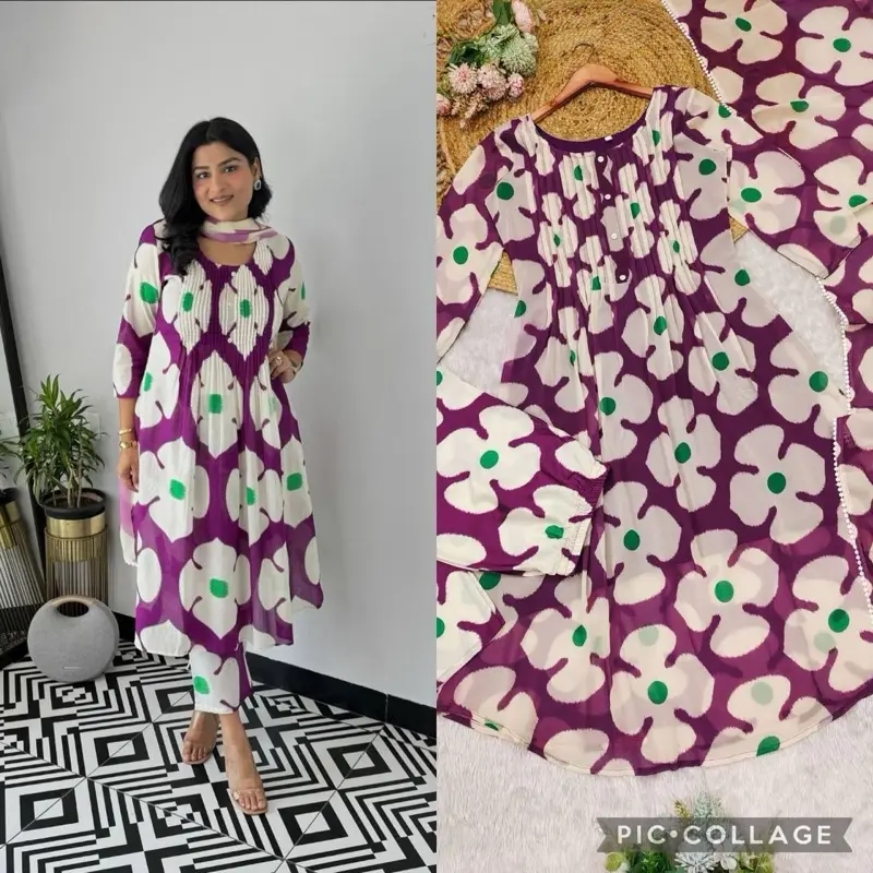 Elegant Floral Georgette Anarkali Suit with Round Neck Kurta Dupatta & Yellow Pants Matching Pieces for Asian Womenswear