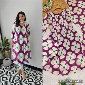 Elegant Floral Georgette Anarkali Suit with Round Neck Kurta Dupatta & Yellow Pants Matching Pieces for Asian Womenswear