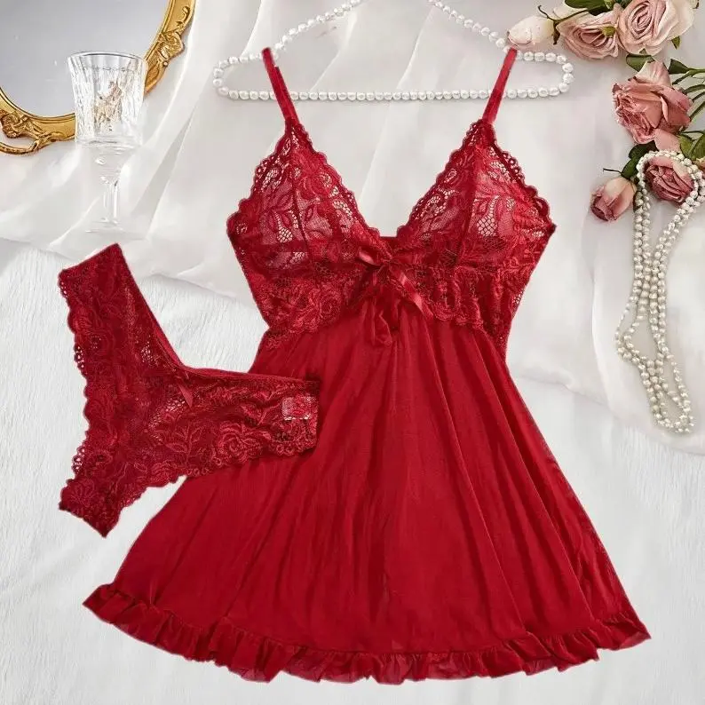 3PCS Transparent Red Lace See Through Nightdress Women's Sexy Lingerie  Underwear Sleepwear Panty Pijamas Sets Nighty.