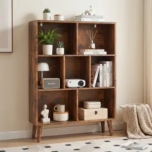 Bookshelf, 7 Cube Storage Organizer with Legs, 3-Tier Modern Wooden Bookcase, Open Standing Display Shelf for Living Room, Bedroom, Office, Retro Brown