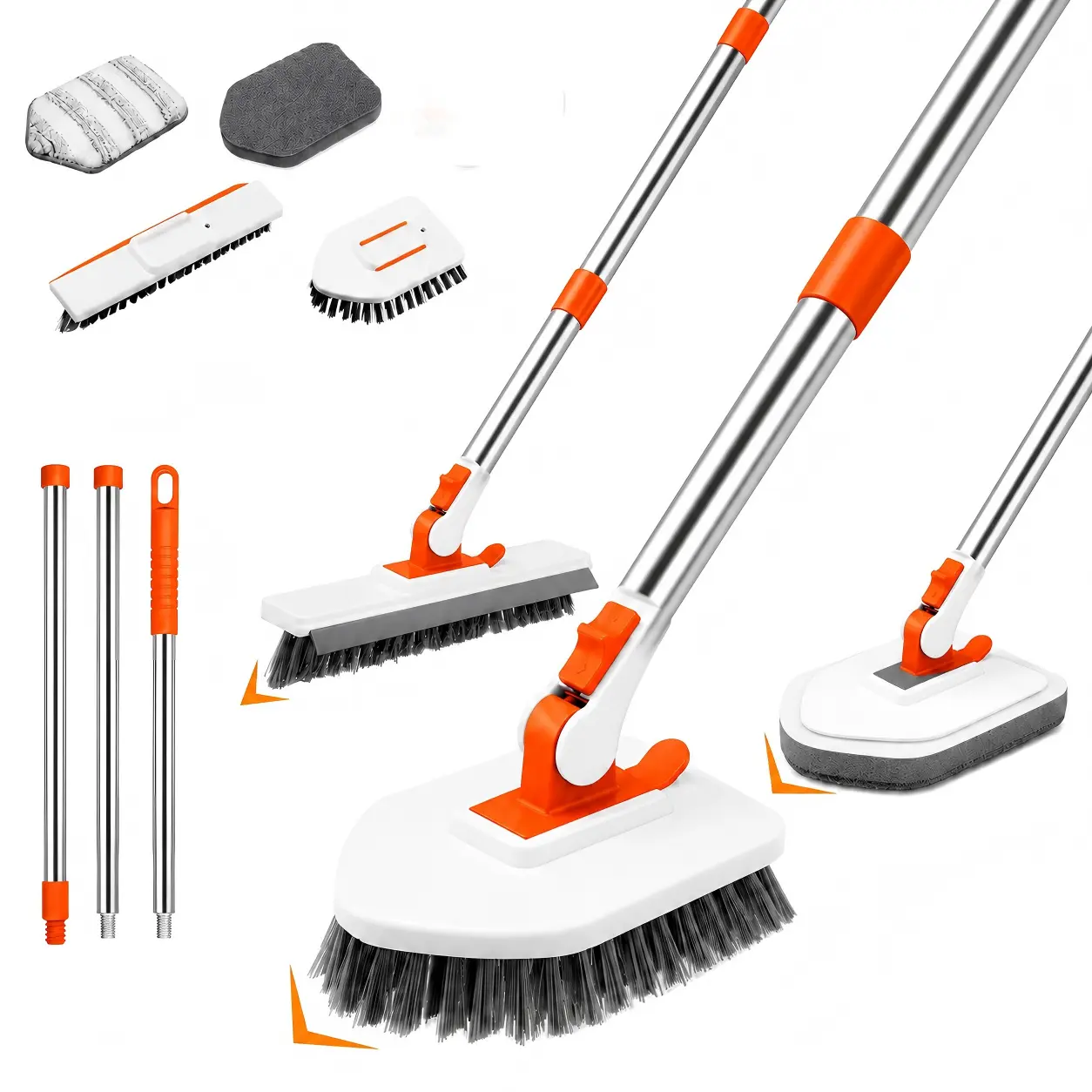 4-in-1 Long-Handle Shower Scrubber Cleaner Tool Set - Stiff-Bristle Grout Brush, Scrub Sponge, Microfiber Pad, Smooth-Slide Design, Ideal for Bathroom Bathtub & Tile Cleaning, Great Gift for Friends & Parents, Includes Microfiber Cloth & Iron Component