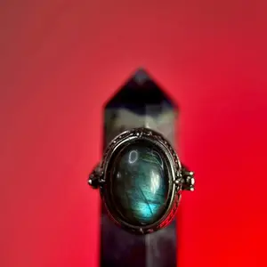 Artisan Labradorite "Locket" Ring: 10g Weighted Poison Ring Style: Full-Spectrum Flash