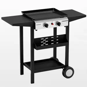 ROVSUN Flat Top Grill w/ 2 Burners, 20,000BTU Portable Propane Griddle with Nonstick Enameled Tray, Outdoor Griddle with Electronic Ignition, Side Shelves & Regulator, Ideal for Camping BBQ Tailgating