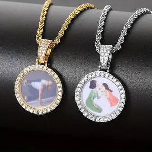 Exquisite Hip-Hop Round Photo Frame Zirconia Open Pendant Necklace for Men and Women, a Daily Jewelry Gift for Friends and Family circle chain