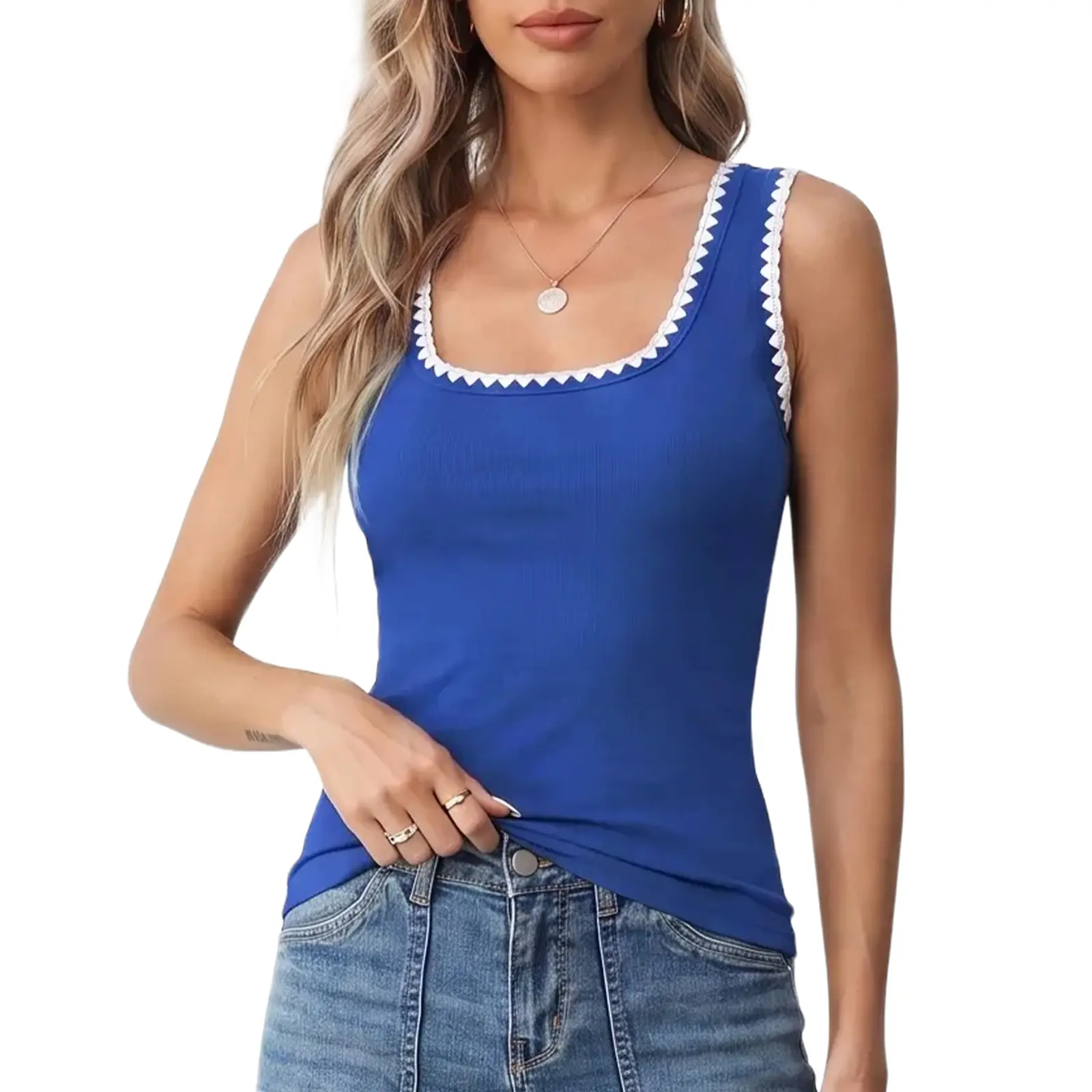 Yousify Women's Square Neck Ribbed Color Block Tank Tops - 2026 Summer Sleeveless Slim-Fitted Comfortable Breathable Cotton Tops for Vacation, Workout, Back to School Shopping
