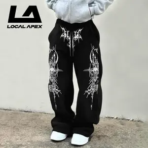 LOCAL APEX Black Metal Gothic Font Loose Pants - Black Street Wear Wide Leg Sports Pants, Sharp White Pattern Printed Bottom Pants, Perfect Gift for Dark Hardcore Enthusiasts and Street Style Fans
