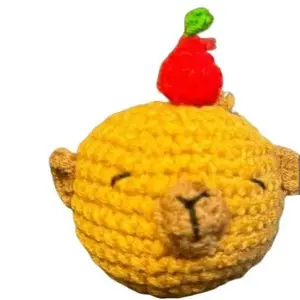 Capybara Keychain Phone Chain Gift Present Handmade Crochet Soft Yarn Animal Design with Red Pom Pom Top 4x4x4inch