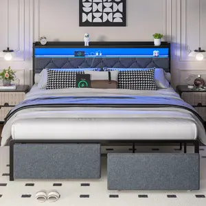 Walsunny Queen Size Bed Frame with LED Light, 2 Drawers, Button Tufted Headboard, Strong Metal Slats, Easy Assembly, Modern Design