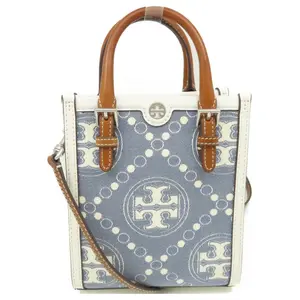 Tory Burch T Monogram Print Denim and Leather Mini Tote Bag for Women in Pearl Blue