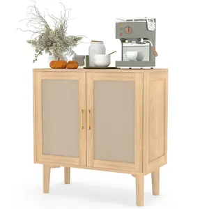 Buffet Cabinet with Rattan Decor Doors Solid Wood Feet Multifunctional Sideboard Cabinet for Dining Room Kitchen