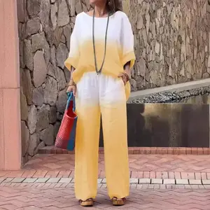 2 piece sets women Summer New Women's Clothing Fashion Independent Station Fashion Cotton Linen Gradient Two-Piece Set Palazzo Pants Tunic(Sheet)
