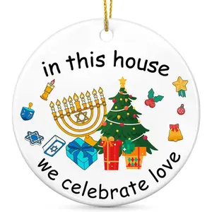 Christmas Ornaments Gifts, in This House We Celebrate Love Ornament, Jewish and Christian Ornament,  for Interfaith Family, Chrismukkah  Ceramic Ornaments Christmas Tree  Decorations