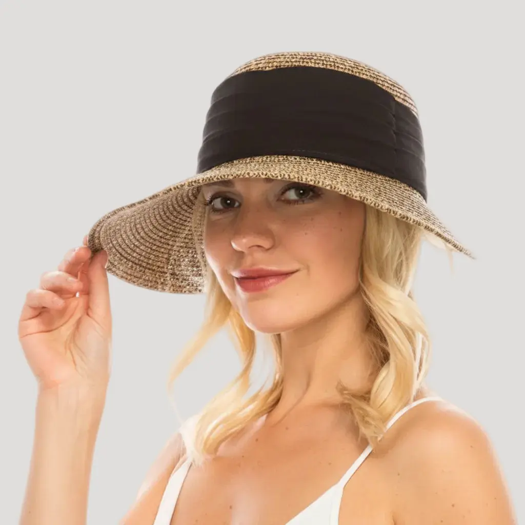 SOLOVE Female Backless Face Framer Sun Hat - UPF 50+ UV Resistant, 4” Front Brim, Plain Pleated Band, Drawstring Adjustable, Chiffon Accent - Casual, Ideal for Beach, Party
