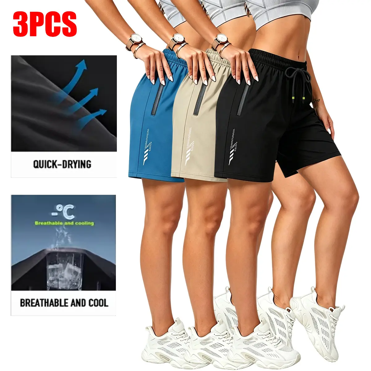 3-piece set, women’s athletic shorts, lightweight and quick-drying, zippered pockets, elastic waistband with drawstring, breathable summer sportswear suitable for running, fitness, hiking, and everyday wear, women’s shorts