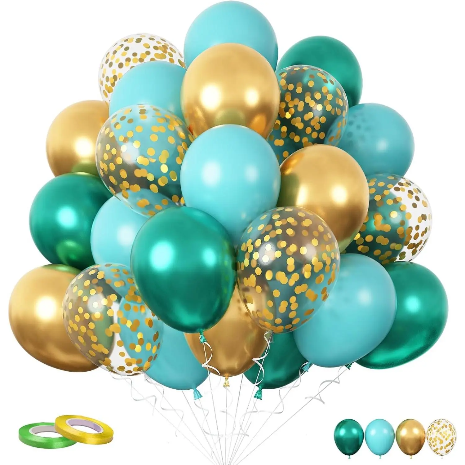 Teal Blue Gold Balloon Decorations Kit, 60 Pcs 12 in Metallic Gold & Dark Green Confetti Latex Balloons, Floatable for Wedding & Birthday Party Home Festive Supplies, Float