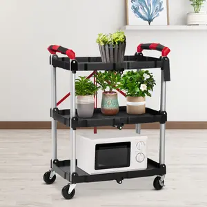 3 Tier Rolling Cart, 167 Lbs Foldable Utility Service Cart, Portable Utility Cart with Lockable Universal Wheels, No Installation Required, Suitable for Warehouse, Garden, Office, Kitchen