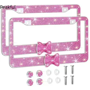 2 Pack Handcrafted Bling License Plate Frame, Trending Stainless Steel Rhinestone Car Trim, 14 Facet Clear Crystal Decor Frame, elegant pink bow styling & solid anti-rust material, ideal for personalized exterior car decoration and daily vehicle styling