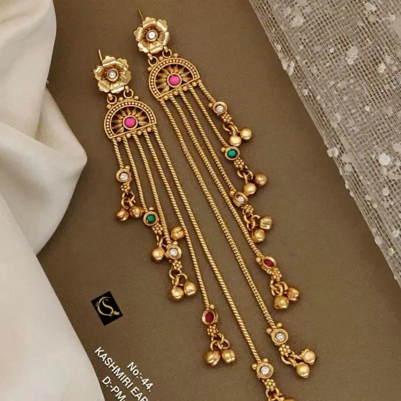 Gold-Plated Kashmiri Earrings, Intricate Floral Stud Tops, Cascading Chains Adorned with Small Beads
