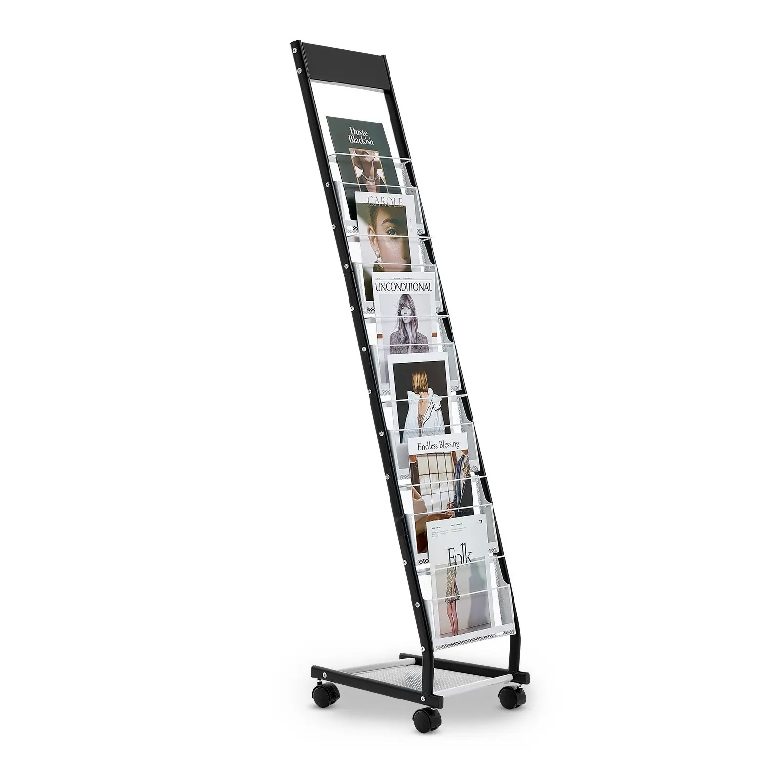 Brochure Display Rack Narrow 6-Tier Magazine Literature Display Stand With Durable Wheels, Metal Floor Standing Magazine Rack For Newspapers, Catalogs, Periodicals, And Office Exhibitions, Movable Literature Holders With 6 Pockets