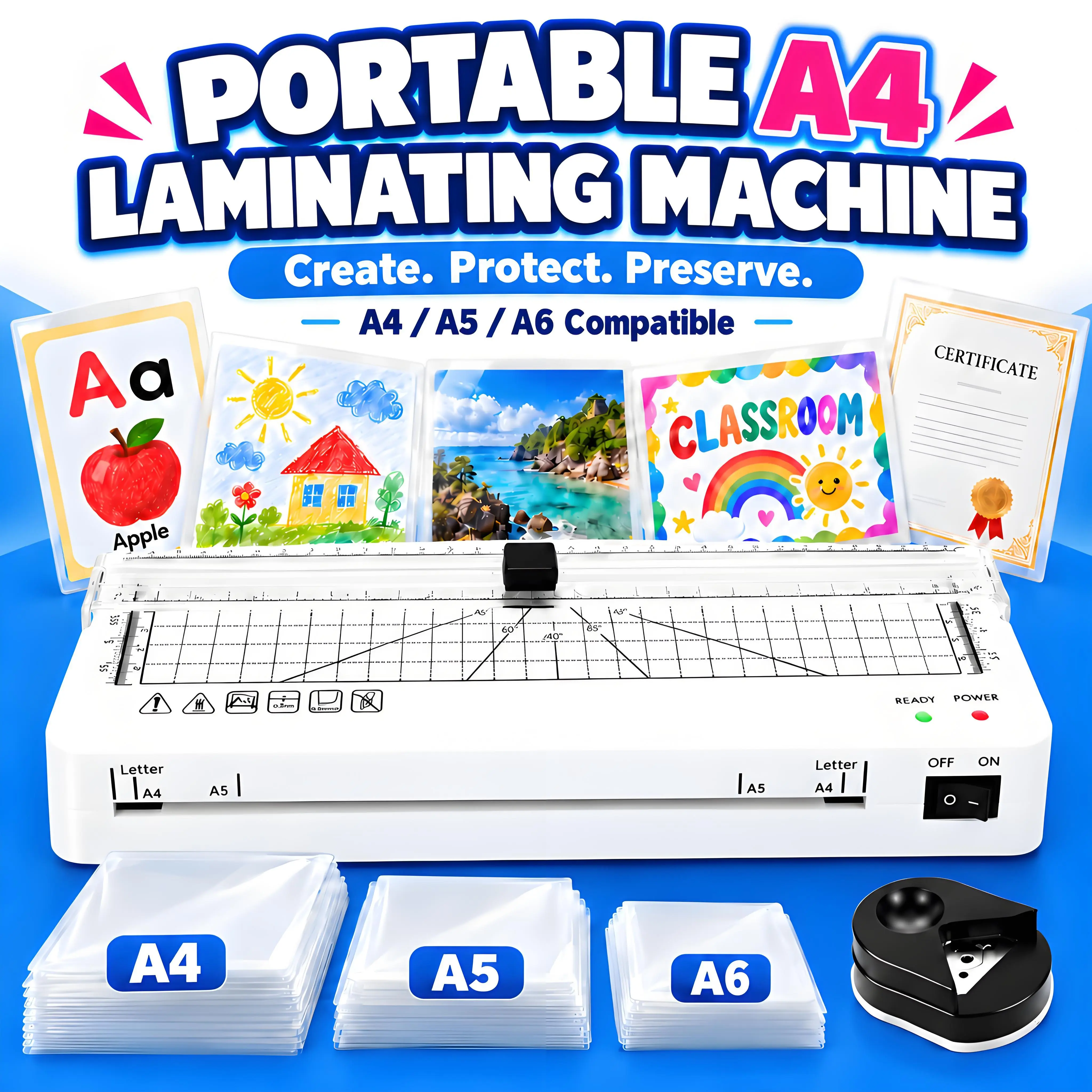 Portable A4 Thermal Laminator with Integrated Trimmer, Fast 60s Heating, Includes A4 A5 A6 Pouches and Corner Finisher for Photos, Documents, Cards & Crafts