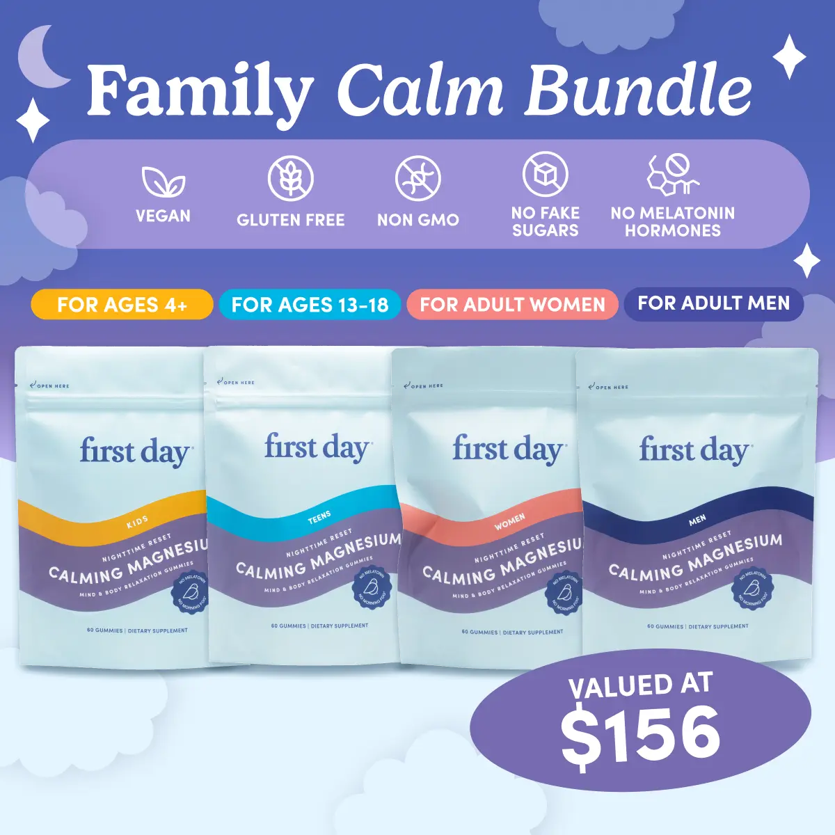 First Day Dietary Supplement Chewable Strawberry Calming Magnesium Gummies (4-Pack Family Bundle, Save) - 30-Day Supply, Gluten-Free, Magnesium Citrate + L-Theanine, No Melatonin, Sleep Aid for Kids & Adults, Supports Calm Relaxation