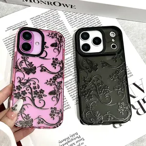 Retro Black Floral Butterfly Design Phone Case Compatible with iPhone 17/16/15/14/13/12 Pro Max/Pro/Plus/Air Series Transparent Soft Shockproof Case Black Vine Pattern Couple's Edition Birthday/Christmas Gift