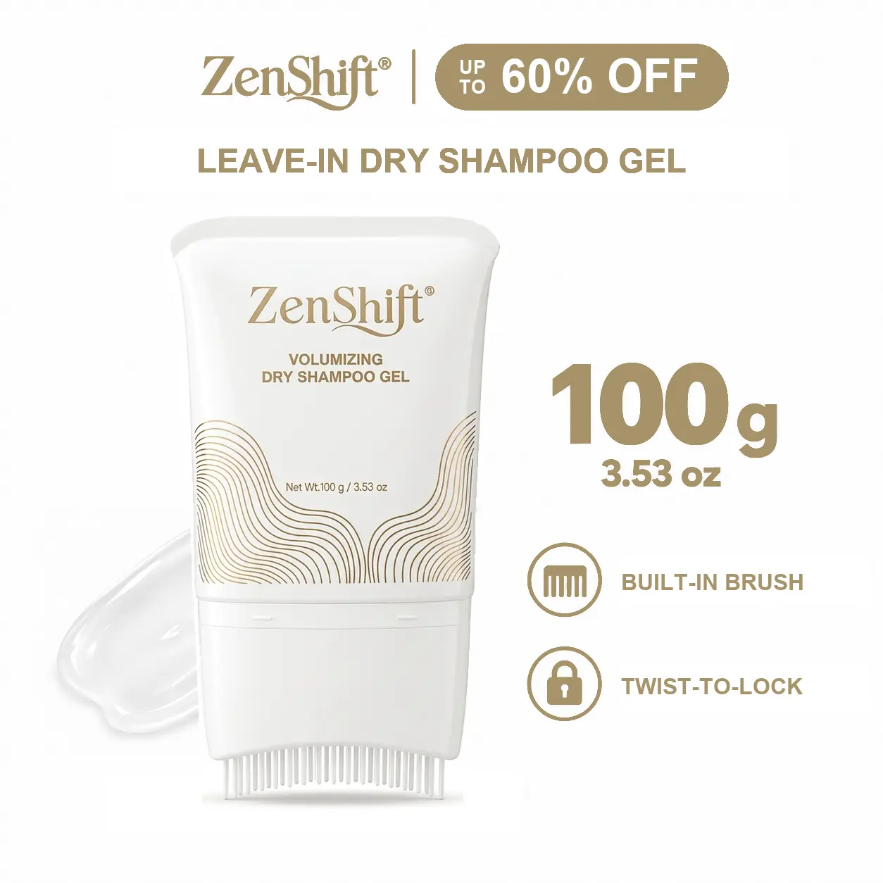 ZenShift Gel Dry Shampoo with Built-In Comb - 3.53 Fl Oz, 100g Single, Lightweight Non-Aerosol No-Rinse Haircare for Greasy Hair, Instant Volume & Fullness, Root Refresh, Oily Control