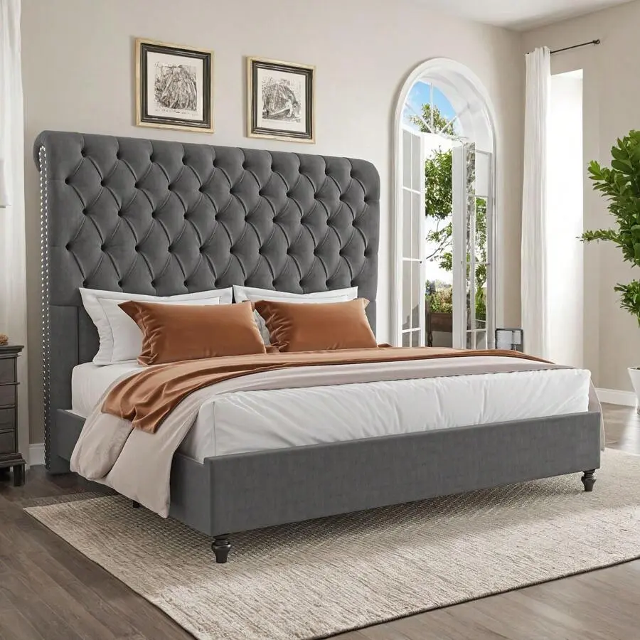 Adult Velvet Fabric Platform Bed Frame, 60" Tall Sleigh Headboard - Box-Spring Free, Assembly Required