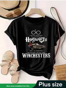 【Plus Size】Women's Plus Size Crewneck Letter Print T-Shirt - Fitted Short-Sleeve Womenswear Top, Vintage Casual Daily Wear Clothing