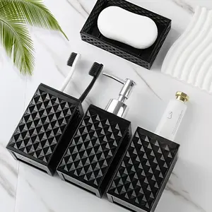 Black Bathroom Accessories Set, 4 Pack Matte Black Bath Accessory Sets Complete, Acrylic Soap Dispenser and Toothbrush Holder Set for Bathroom Counter Sink, Modern Bathroom Decor Gift Hand Vanity