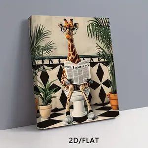 1 Piece Fantasy Giraffe Reading Newspaper on Toilet Canvas Wall Art - Modern Humorous Bathroom Decoration, Living Room, Bedroom, Office Modern Animal Art - Wrapped Canvas Frame, Vertical Portrait, Hangable Unique Gift Idea, Giraffe Decoration, Dorm Room A