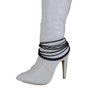 Trendy Fashion Jewelry TFJ Women Western Boot Chains Black Metal Bling Bracelet Anklet Heel Shoe Wave Strands Charm Female Daily