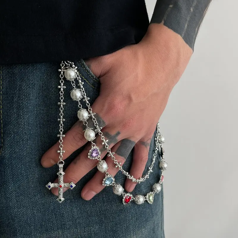 New Exquisite Luxury Cross Pendant Imitation Pearl Keychain Belt Chain Men Punk Trousers Jean Chain HipHop Jewelry Gift