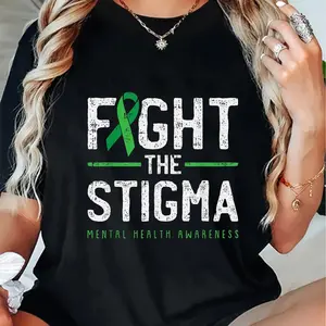 100% Cotton Fight The Stigma Mental Health Awareness Green Ribbon T-Shirt – Soft, Fit, , , Black with White & Green Print, Design for Attire or Special Occasions, Wear Tshirt | Bold Graphic Tee | line Shirt