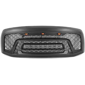IKON MOTORSPORTS, Grille Compatible With 2006-2008 Dodge Ram 1500; 2006-2009 Ram 2500 3500, Matte Black ABS Mesh Front Bumper Hood Upper Grill Guard with Signal Lights