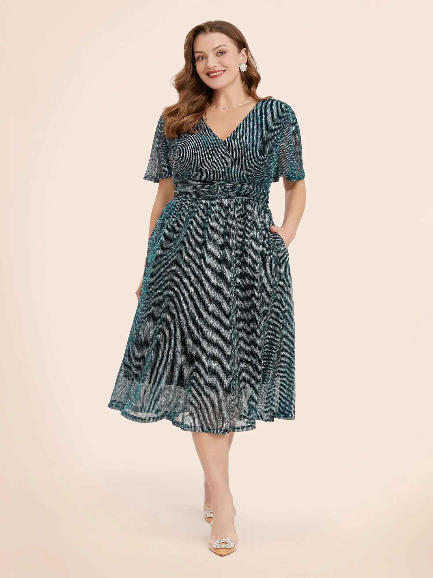 Women's Light Polyester-Spandex Glitter Mesh Surplice Neck Ruffle Short-Sleeve Pocket Midi Dress - Casual Wear, Women's Clothes, Glitterglow Dresses, Sequins Design Fabric Womenswear,Summerfinds
