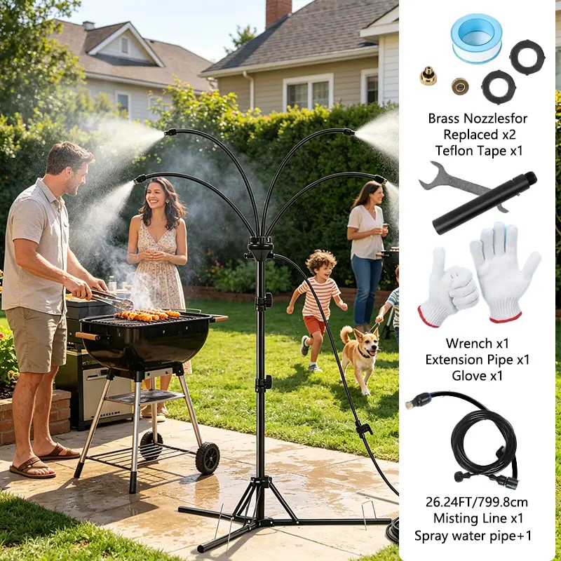 Outdoor Patio Standing Misters, 26.24FT Misting Cooling System with an Adjustable Height Riser, Portable Misting Setup for Watering Gardens, Entertaining Friends, And Cooling Pets