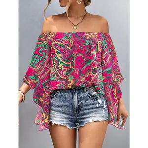 Print Blouse with Ruffle Sleeves - Polyester, Machine Washable, Ideal for Spring & Summer Events Shirts Top