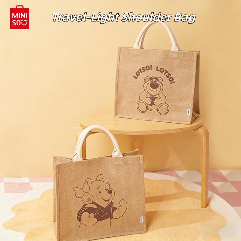 MINISO Disney Winnie The Pooh Series Large-Capacity Jute Tote Bag - Printed Shoulder Shopper, Versatile Daily Commute Accessory For Women Holiday & Holiday Haul