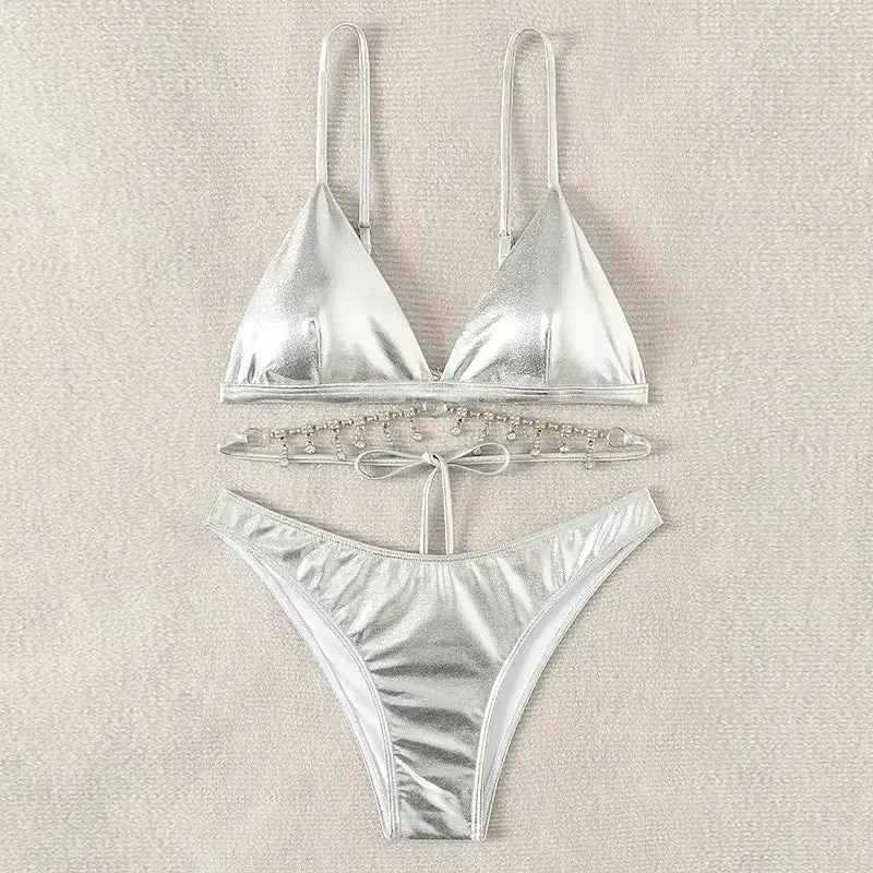 Silver Backless Swimwear Triangle Bikinis Sets Woman 2026 Sexy Swimsuit Summer High Leg Cut Bathing Suit Rhinestone Bikini Dames