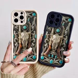 Western phone case for iPhone 17/16/15/14/13/12/11 Xs Pro Max Plus AIR Case,Longhorn bull skull cover for Samsung S25/S23/S24/S22/S21/NOTE20/A54/A53/A52/A36/A35/A34/A33/A17/A16/PLUS/ULTRA/FE phone cover soft silicone shockproof protective Shell Protection